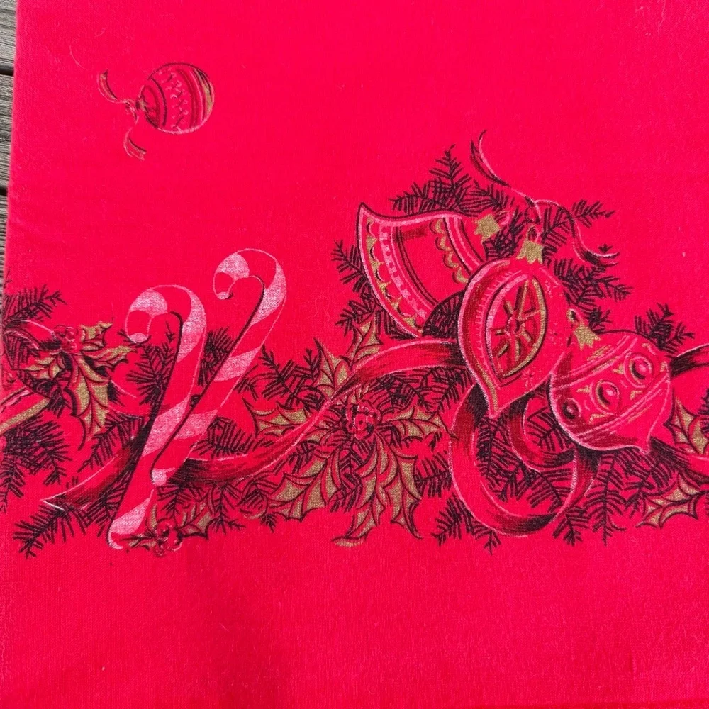 Vintage MCM Christmas Tablecloth Bright Red Santa Christmas Tree Gifts 48x60 GUC